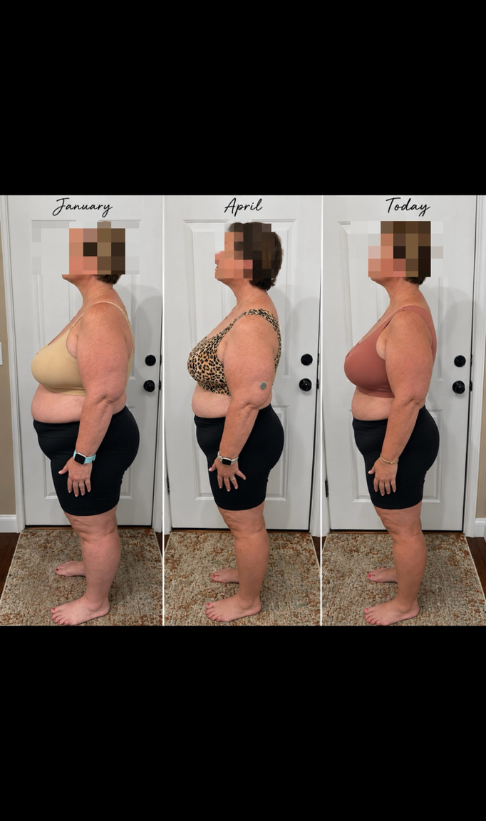 Side-by-side progress photos of Andrea showing improved posture and muscle definition across a year of training